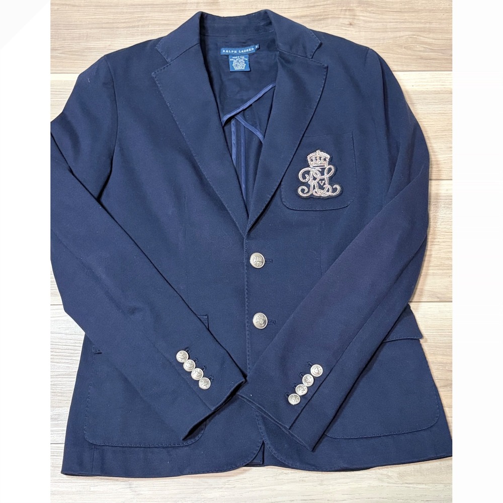 Ralph Lauren Navy Blue Cotton Crest Blazer Silver Tone Buttons Size 8 Preppy